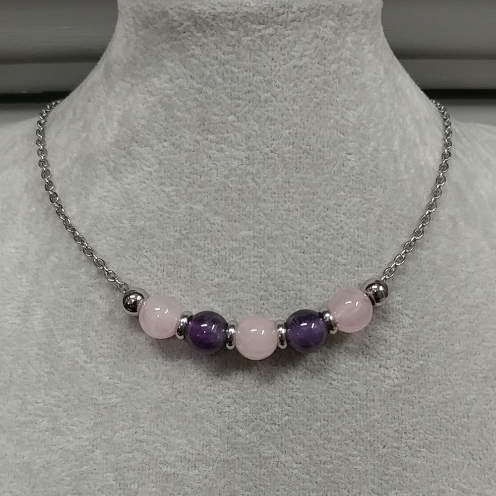 Amethyst Rose Quartz Beaded Necklace Natural Gemstone Crystal Stainless-Steel